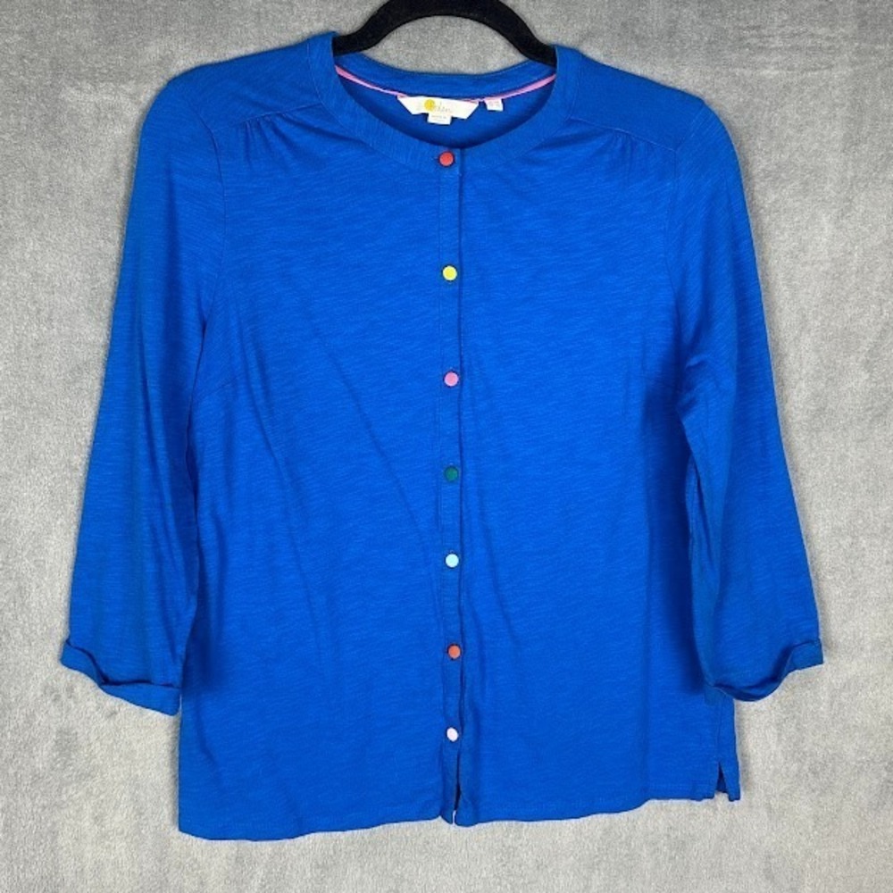 Boden Top Women 10 Blue Button Front 3/4 Length Sleeve Preppy Career Lightweight